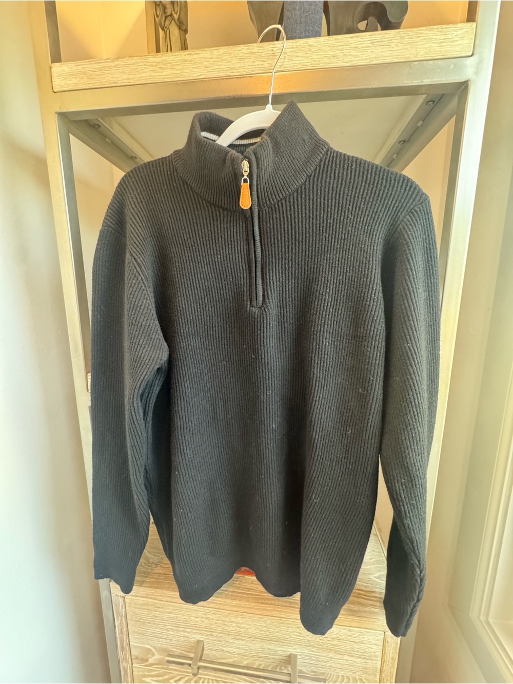 Polo by Ralph Lauren Black Ribbed Half-Zip Sweater with Tan Zip Pull